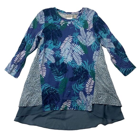 LOGO Lori Goldstein Mixed Media Pattern Tunic Top Foilage Hi Low 3/4 Sleeve S - Picture 1 of 11